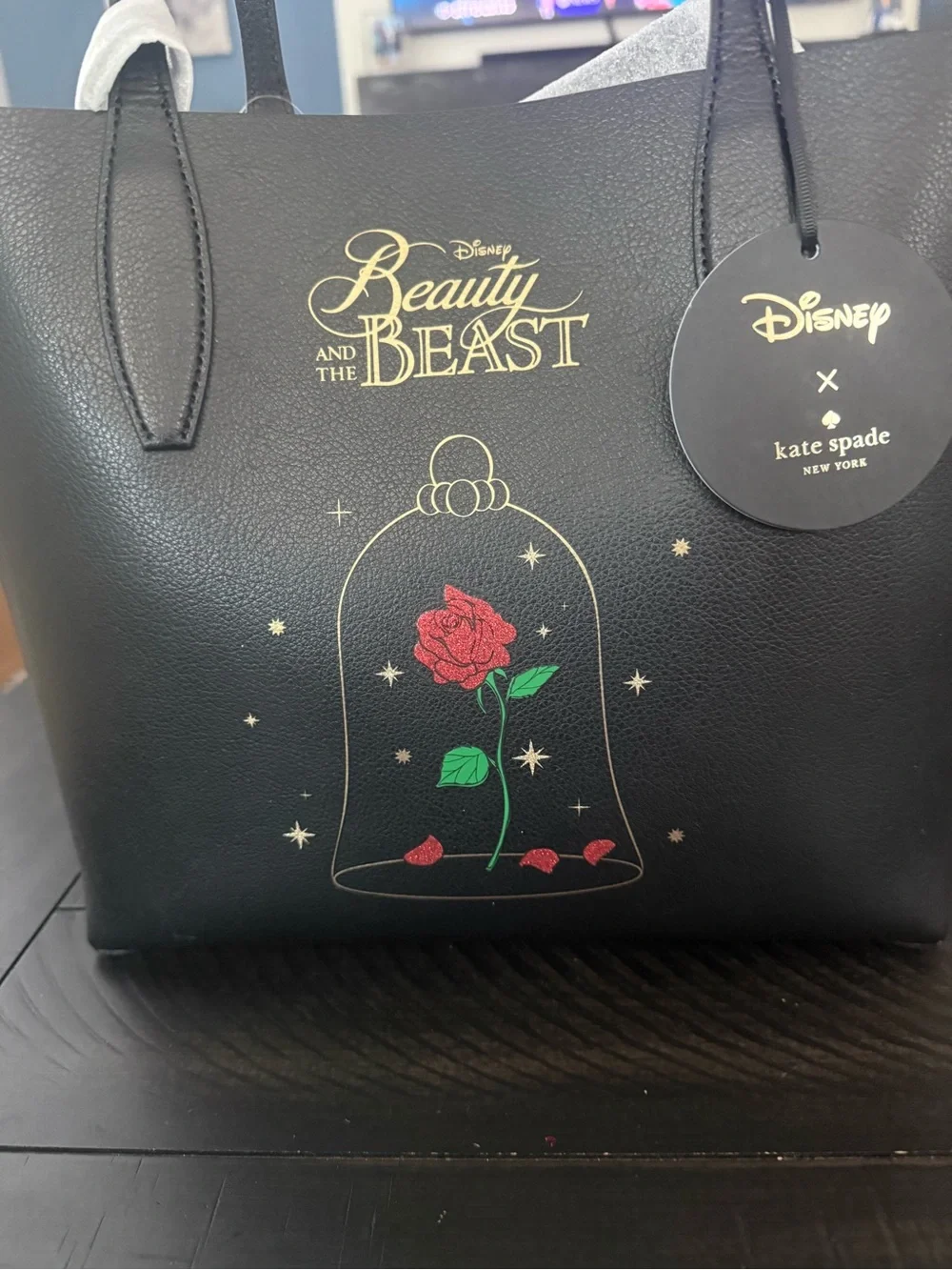 NWT Kate Spade x Disney Black Beauty and the Beast Reversible Rose Tote